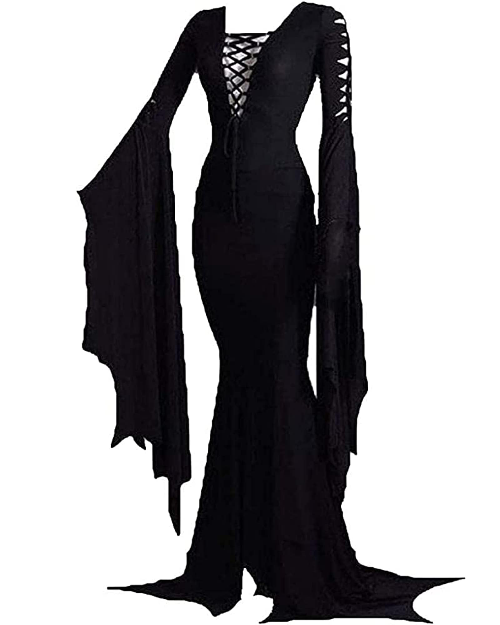 LVCBLGothic Vintage Witch Style Deep V Shape Collared Long Sleeved Side-Slit Dress S-2XL