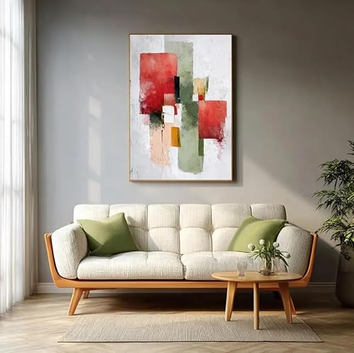 Rumlly Red & Green Abstract Canvas Poster, Textured Wall Art, Minimalist Geometric Painting, Contemporary Art Decor(30x40cm/Inner frame)