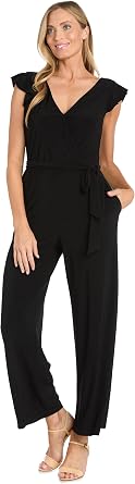 R&M Richards Classic Solid Jumpsuit W/Wrap Top & Ruffle Cap Sleeves