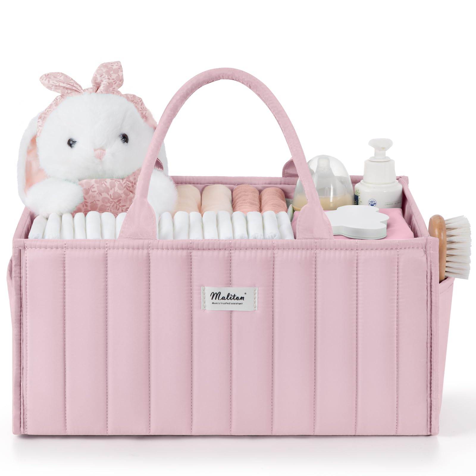 Maliton Nappy Caddy Organiser, Baby Changing Caddy with Removable Dividers and 2 Side Pockets, Portable Nursery Storage Basket for Nappies, Wipes, Bottles and Newborn Essentials for New Mum, Pink