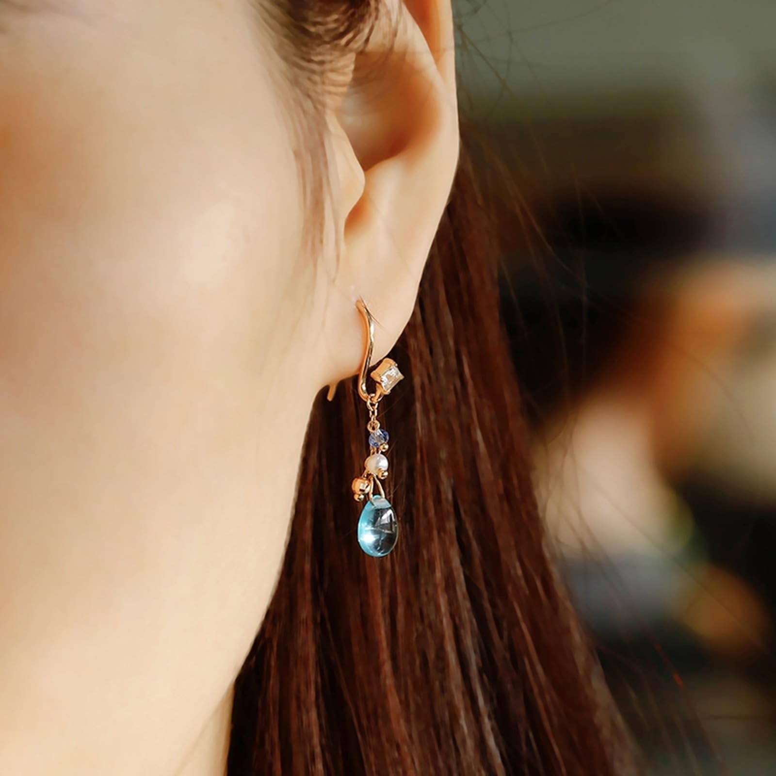 9K/14K/18K złote kolczyki z kropli niebieski topaz, klasyczne żółte złoto Au 375/585/750 prawdziwe kolczyki z perłą