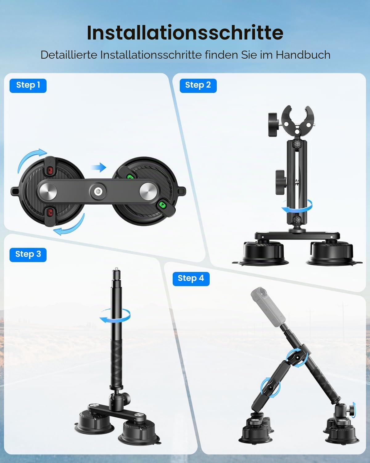 4 Saugnapf-Autohalter-Set für Insta360 X5 X4 Action Kamerahalter | Car stativ für Insta360 X5 zubehör, 360 kamera halter für GoPro, saugnapf halter für Osmo Action 6/5, auto rennen reise vlog