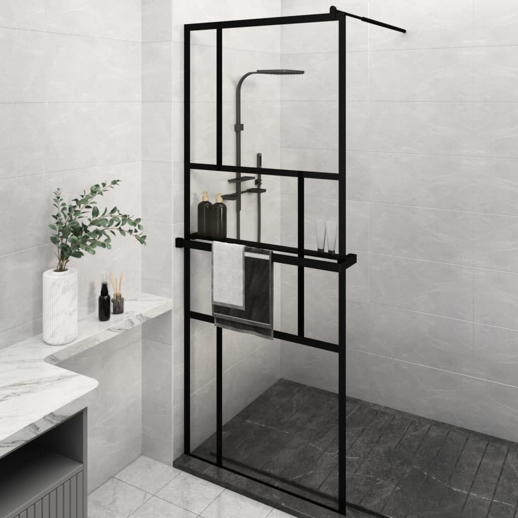 Mampara Ducha con Estante Vidrio ESG y Aluminio Negro 80x195 cm, Mampara Bañera, Mampara Baño Ducha, Cabina De Ducha, Mampara Baño - 3185448