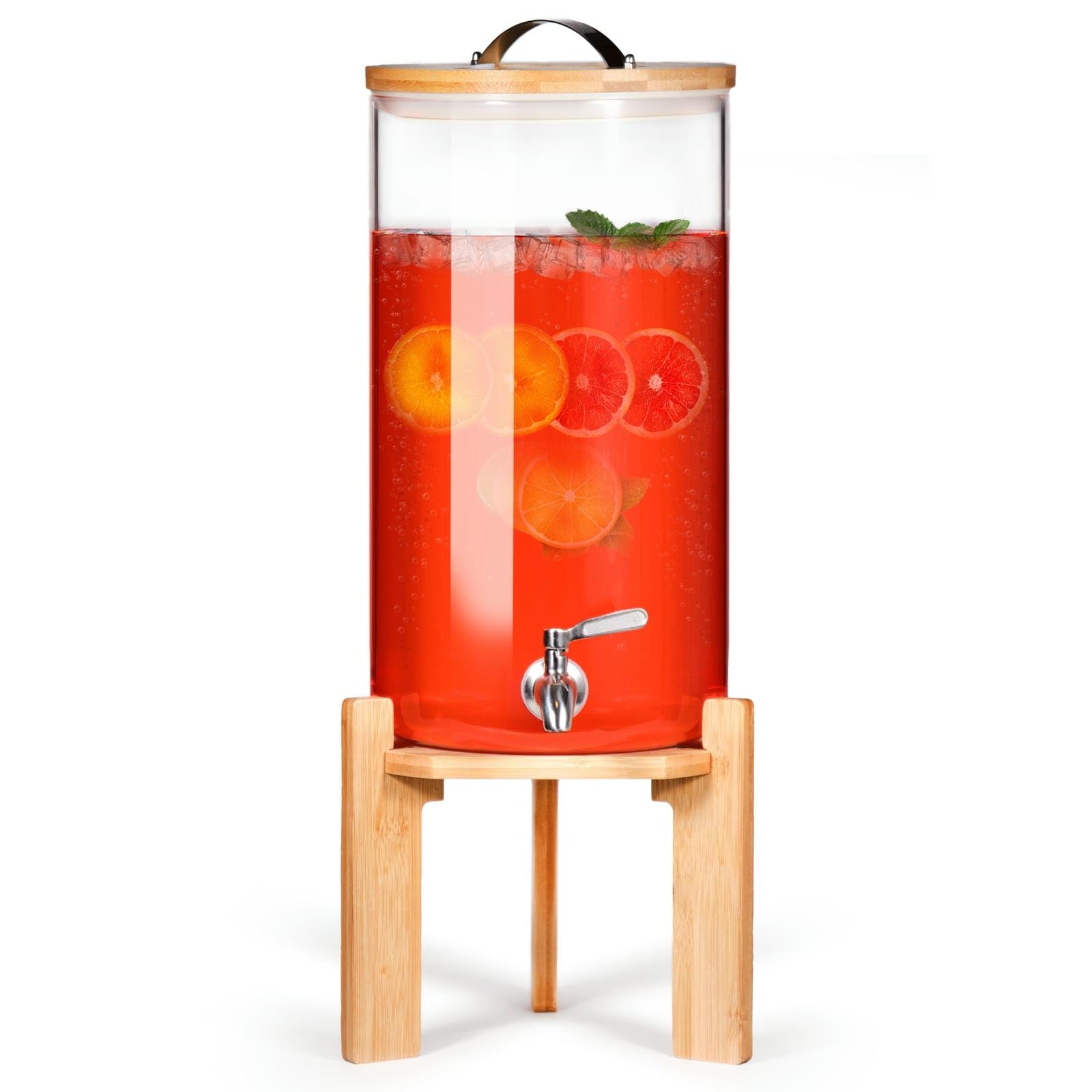 Glass Beverage Dispenser with Bamboo Stand 6.7 In and Lid, Iced 2.9 Gallon Drink Server with Spigot, Large Thick Glass Drink Dispenser for Parties,