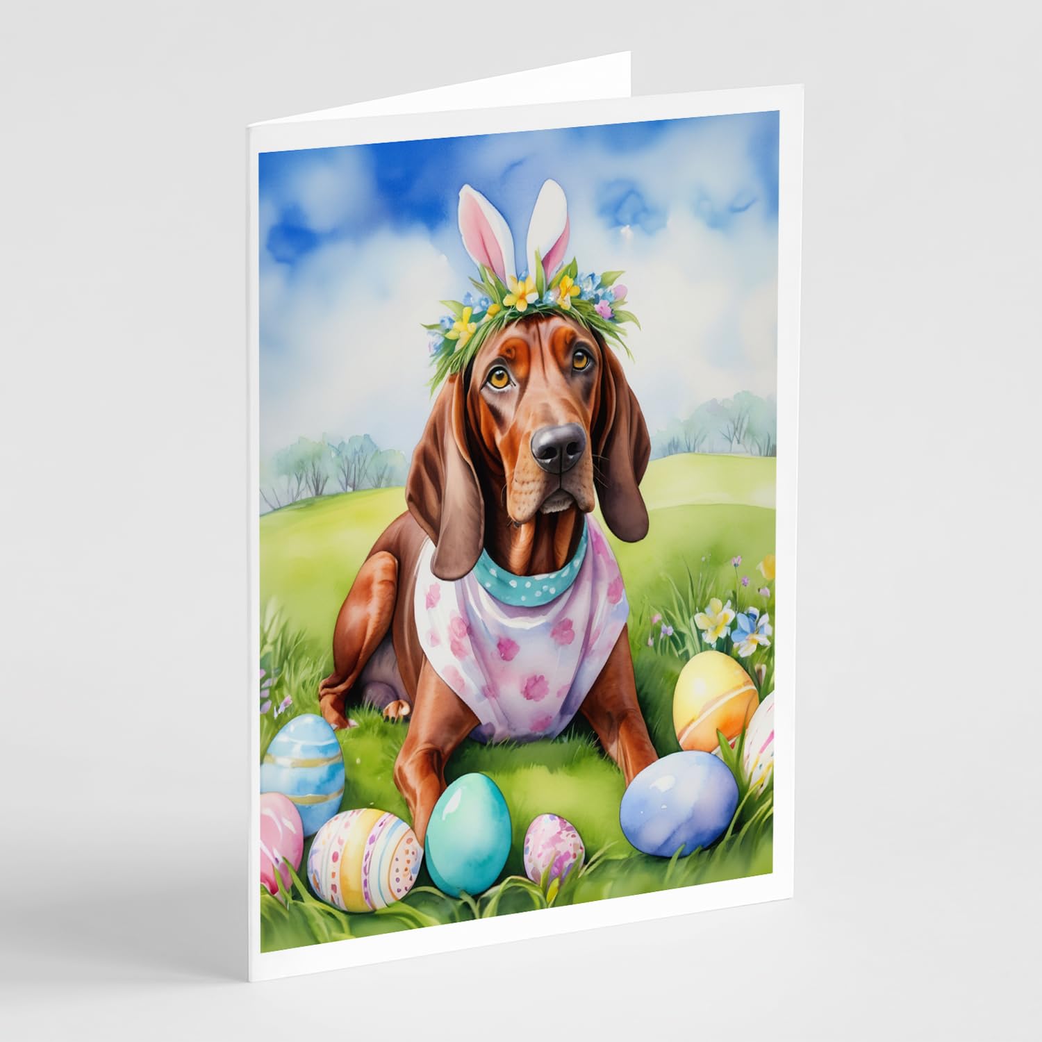 Caroline's Treasures DAC5157GCA7P Redbone Coonhound Easter Egg Hunt Greeting Cards Pack of 8 Blank Cards with Envelopes Whimsical A7 Size 5x7 Blank Note Cards