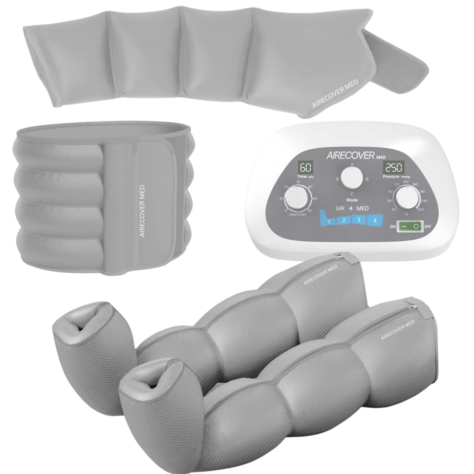 Presoterapia para Casa, para Piernas y Pies Cansados, 4 Cámaras Superpuestas, Favorece la Circulación y el Drenaje Linfático, Fácil de Usar, Eficacia Avanzada (Dispositivo, Perneras, Faja y Brazo)
