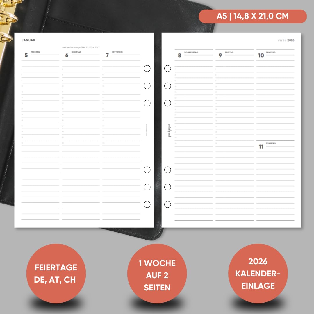 pen & pages® Kalender 2026 "Spalten mit Uhrzeiten" 1 Woche auf 2 Seiten DIN A5 Kalendereinlage für Ringbuch mit Monatsübersicht Jahresübersicht DACH Feiertagen 6 fach Lochung (All-in-One)