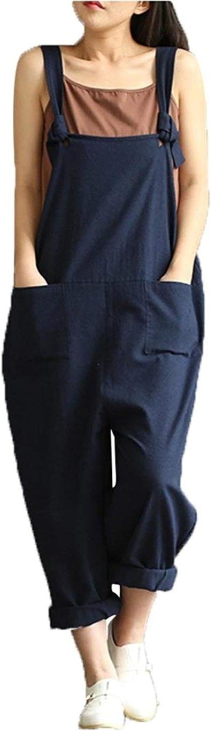 KingwoWomens Baggy Dungarees, Casual Loose Overall Vintage Jumpsuit Playsuit Strap Belt Bib Pants Trouser Long Wide Leg Pants