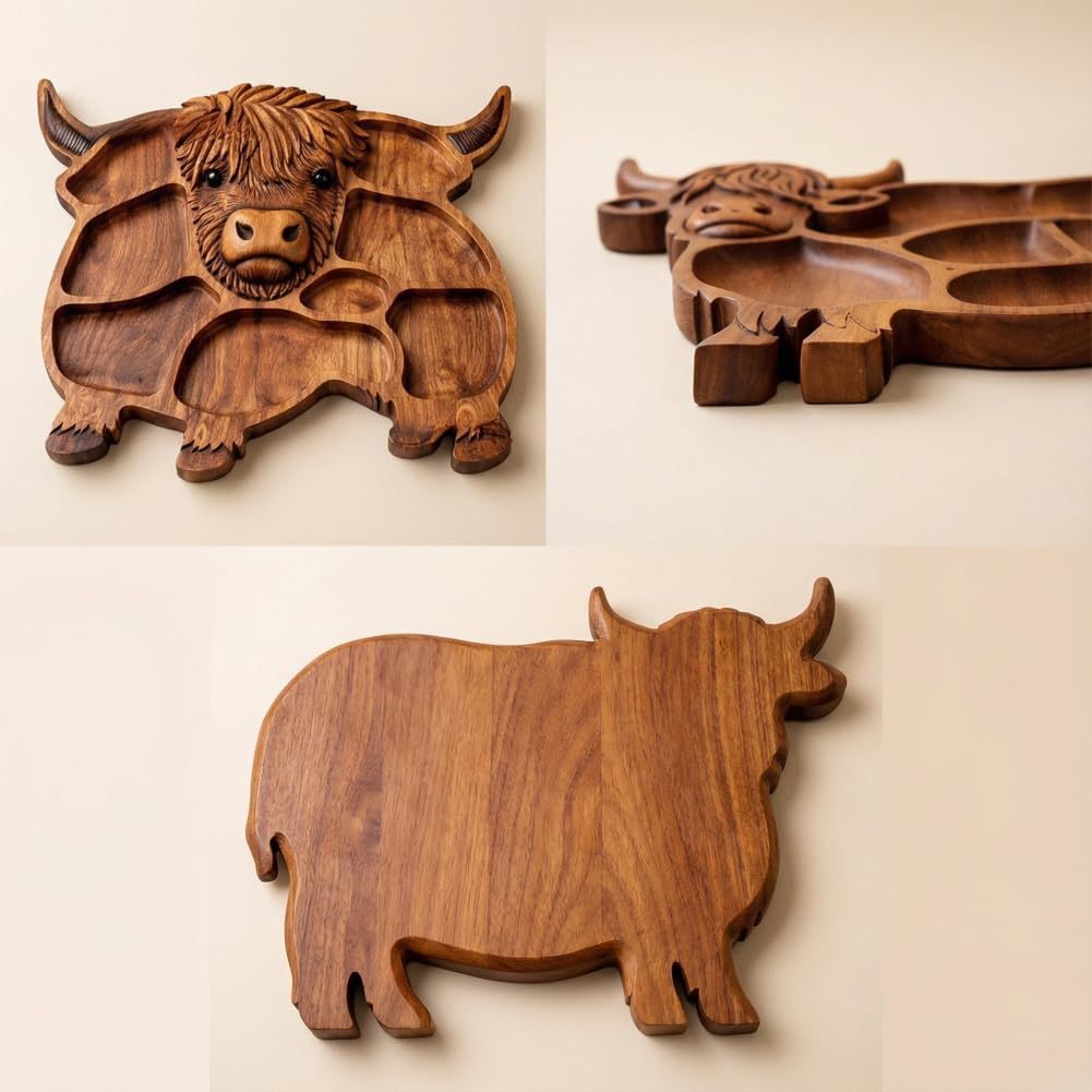 12.5"*11.8" Wooden Highland Cow Charcuterie Board, Divided Serving Tray Board Made from Natural Solid Wood, Rustic Farmhouse Style Wood Decorative Serving Tray, for Meat, Cheese, Crackers (2PCS-Mix)