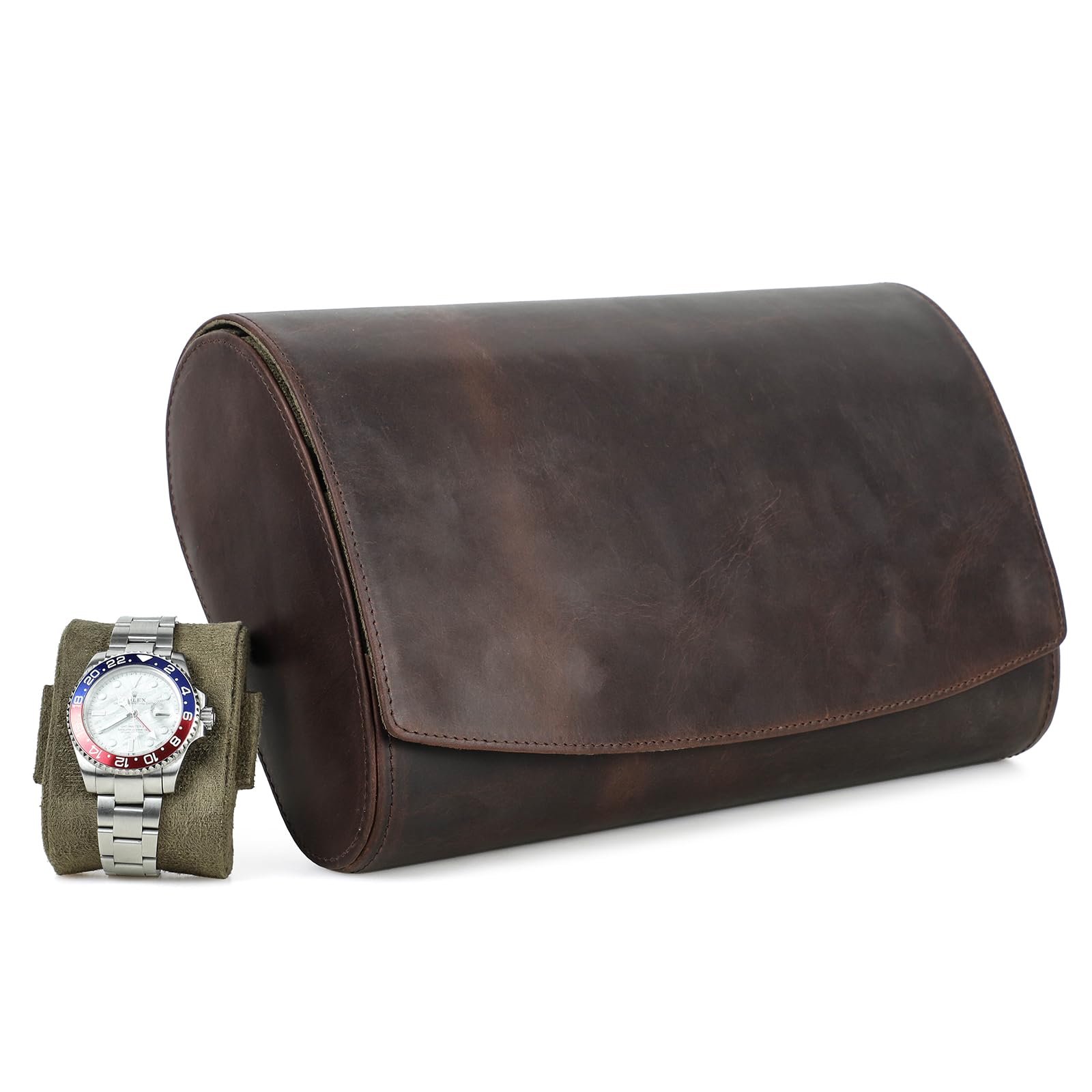 HVMBEUGOS Hiram Watch Display Case, Genuine Leather Watch Storage Case for 8 Watches With Removable Cushion Portable Watch Protective Box 8-Watches Organizer