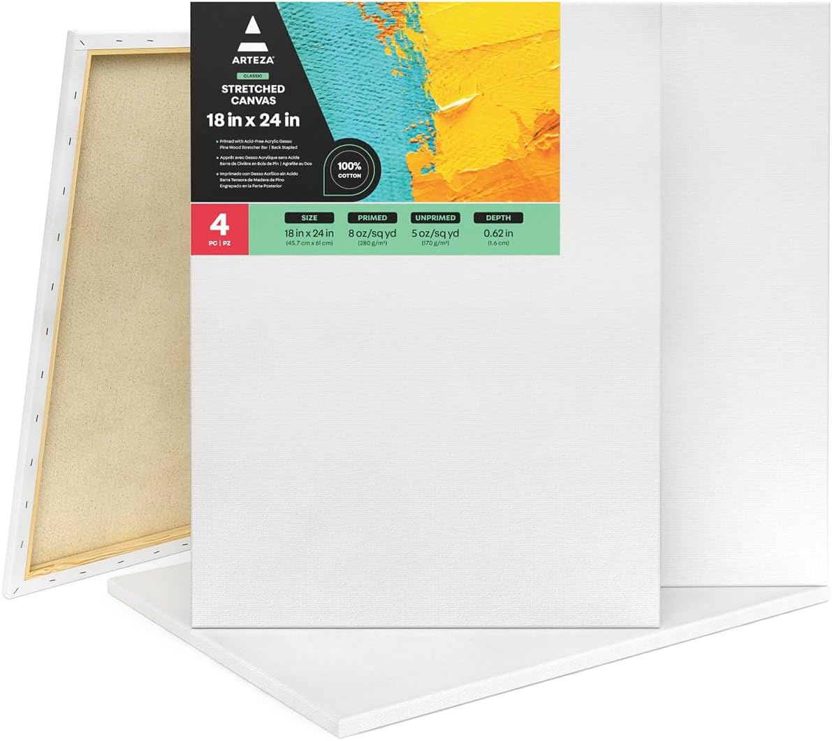 ARTEZA Canvases for Painting, Pack of 4, 18 x 24 Inches, Blank White Stretched Canvas Bulk, 100% Cotton, 8 oz Gesso-Primed, Art Supplies for Adults and Teens, Acrylic Pouring and Oil Painting