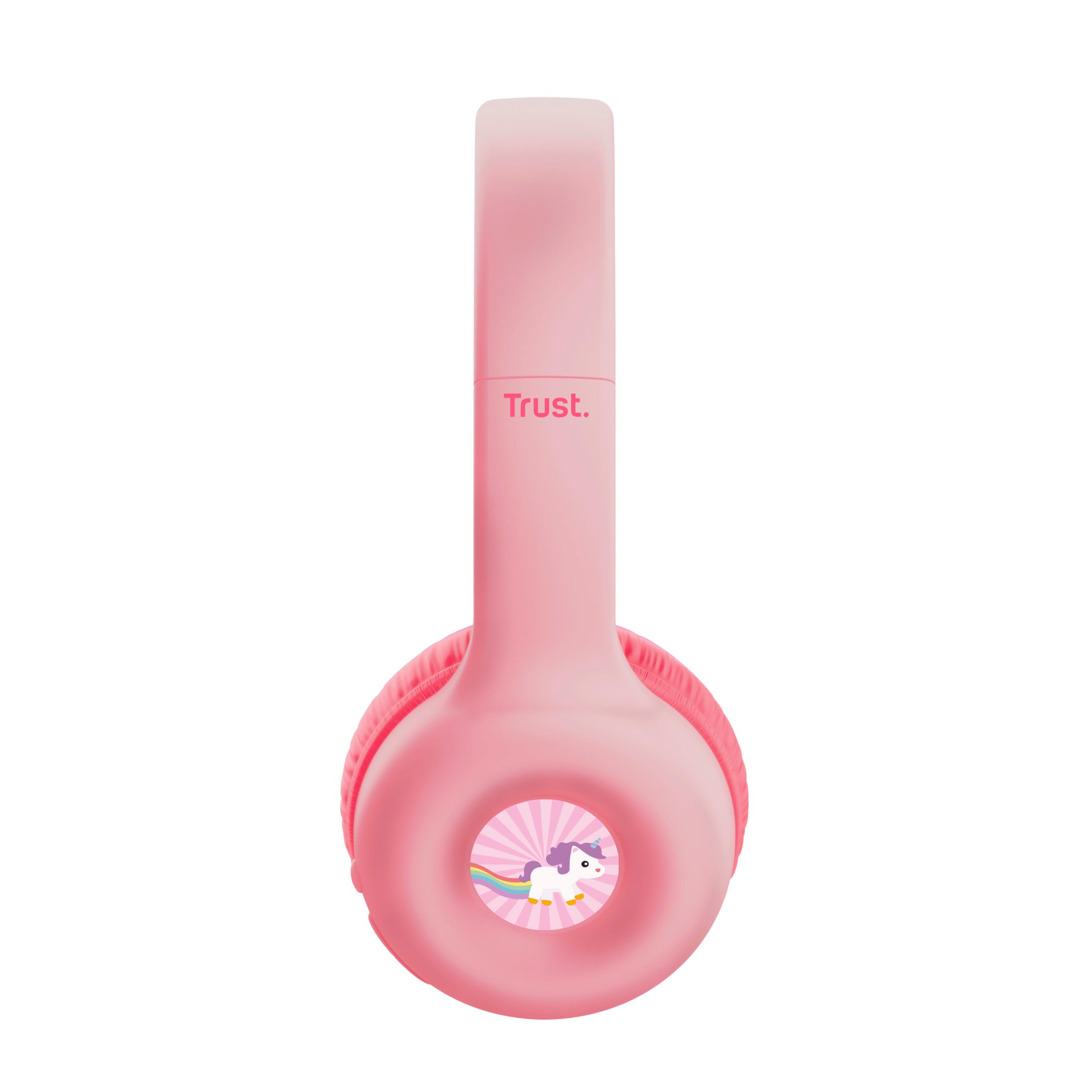 Trust Nouna Cuffie Bluetooth per Bambina 4-10 Anni con Limitazione del Volume (85dB), Cuffie On Ear Pieghevoli con Microfono e Adesivi, Cuffie Wireless, 15h di Riproduzione per Musica, Rosa