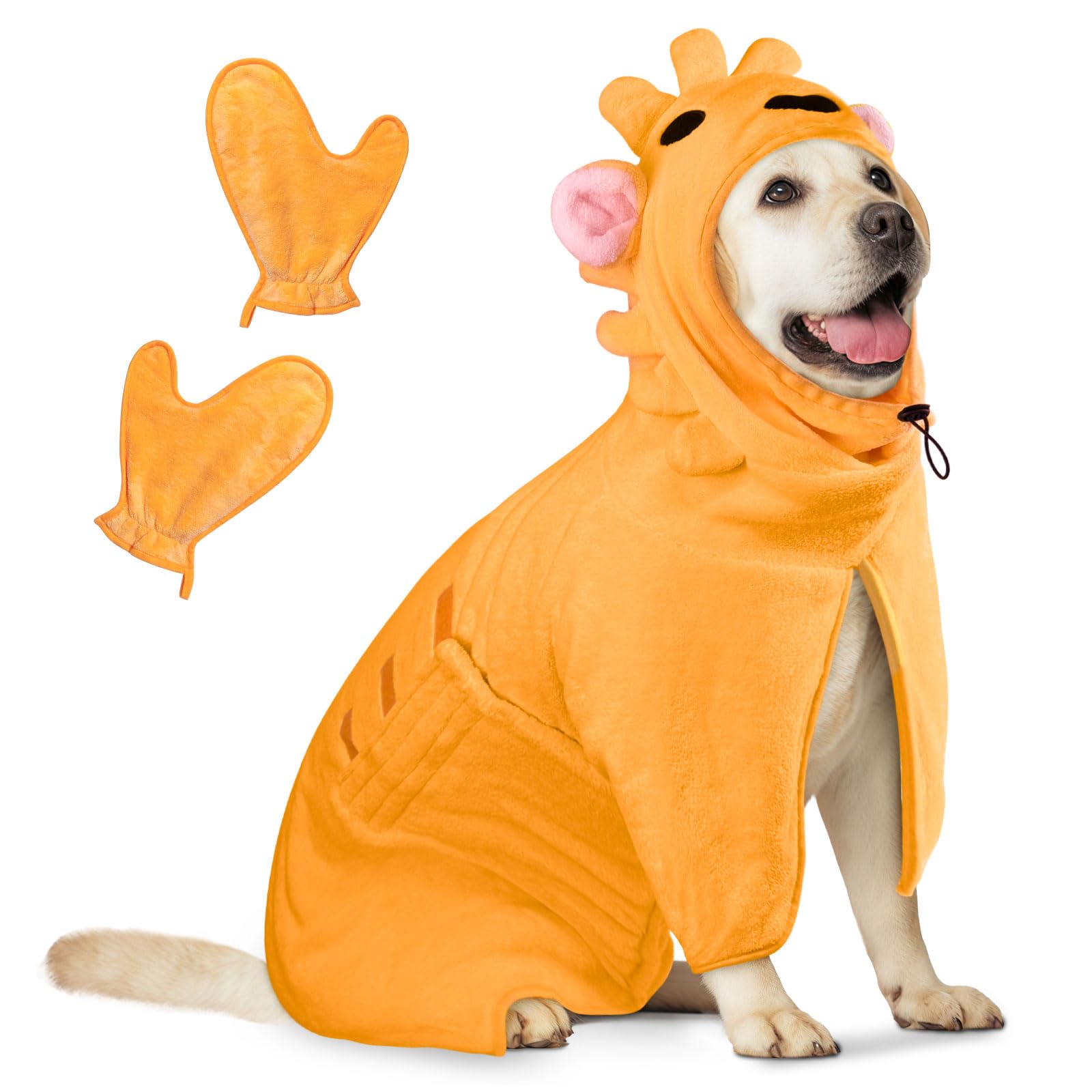 JOLOVE Dog Drying Coat Super Absorbent Dog Towels for Drying Dogs for After Bath Soft Pet Robe Towel Adjustable Pets Bathrobe for Bath, Swim, Wet Walk (Orange Lion, L)