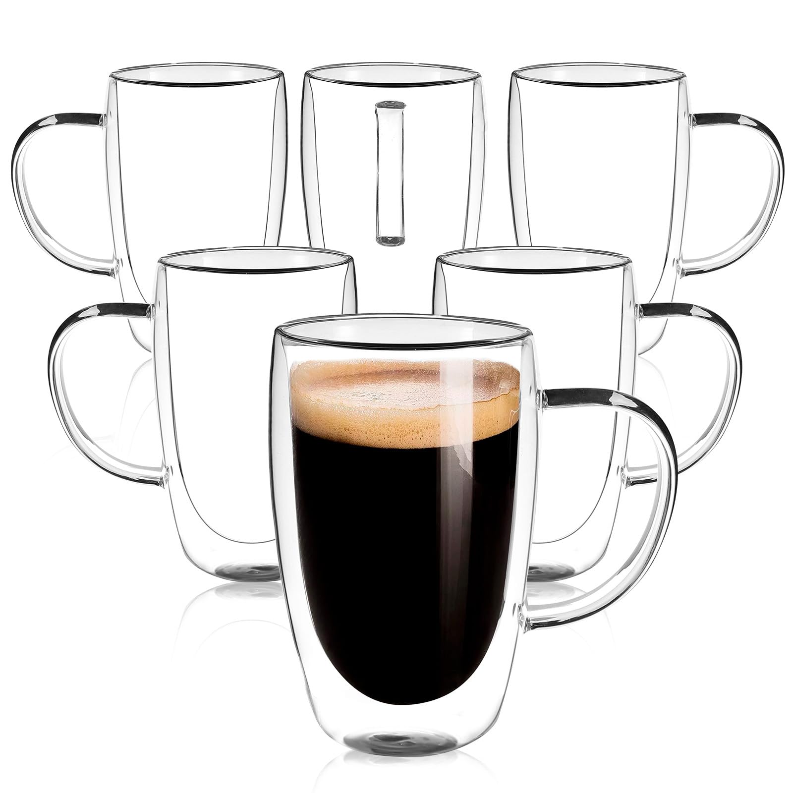 Clear Glass Double Wall Insulated Round Coffee Mugs Set of 6 Pieces - Large Size 16oz Best Reusable Coffee Mug for Home Cafe Restaurant Perfect for Espresso Capucinno Lungo Latte Coffee