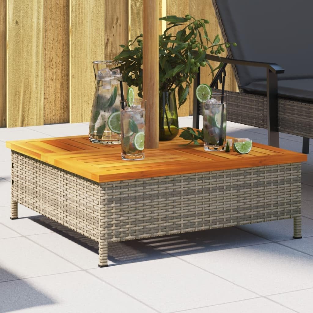 Verkleidung für Sonnenschirmständer Grau 70x70x25 cm aus PE-Rattan mit Akazienholz Tischplatte, stabile Halterung und Schutz für Terrasse, Balkon, Pool, Strand, Ampelschirm