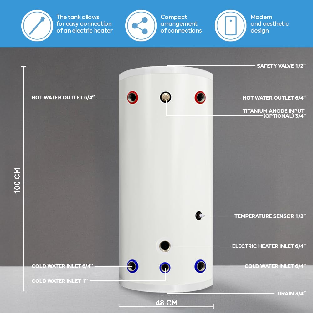 TECHGLOBE – Ballon tampon en acier inoxydable – avec isolation 50 mm – ballon tampon à économie d'énergie – chauffe-eau (100 L)