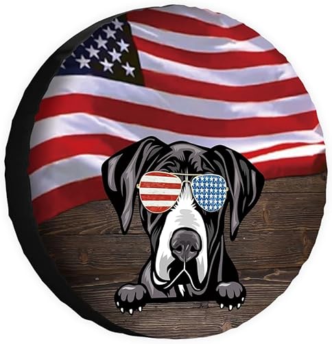 Cubierta de neumático de repuesto para perro, gran danés con gafas de sol, bandera estadounidense, fundas protectoras de ruedas a prueba de polvo,