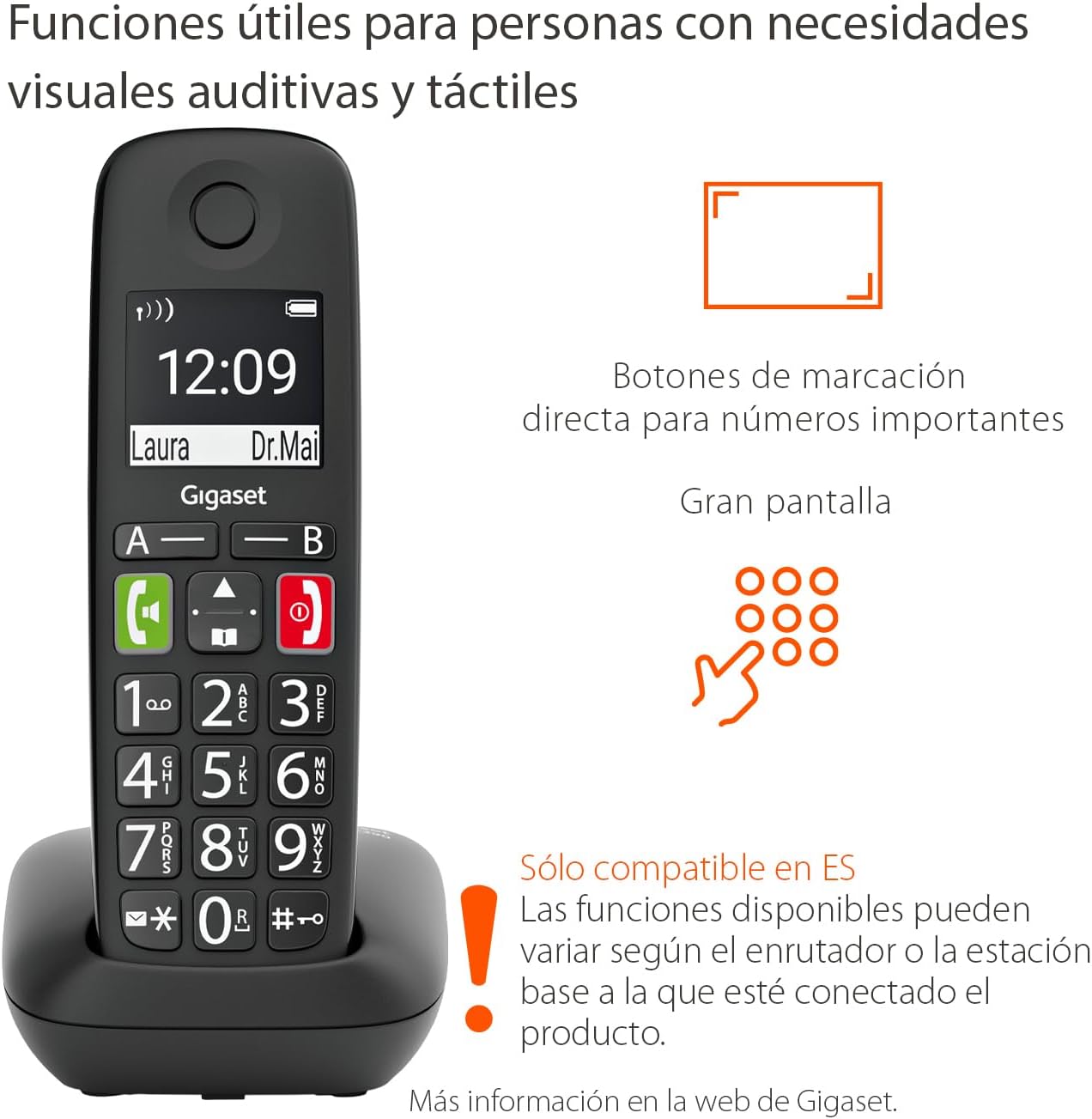 Gigaset E290 Teléfono DECT Inalámbrico, Botones Grandes, Negro | Pantalla iluminada, control de volumen, [Versión Española] 3