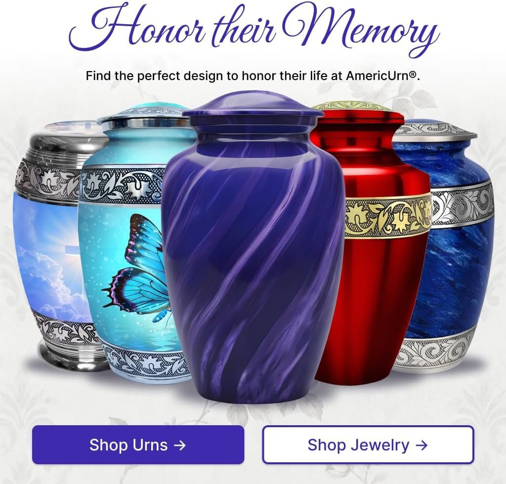Set of 6 Cremation Urns for Human Ashes Includes 1 Large Urn with 4 Small Keepsakes & 1 Silver Necklace - Purple Marble