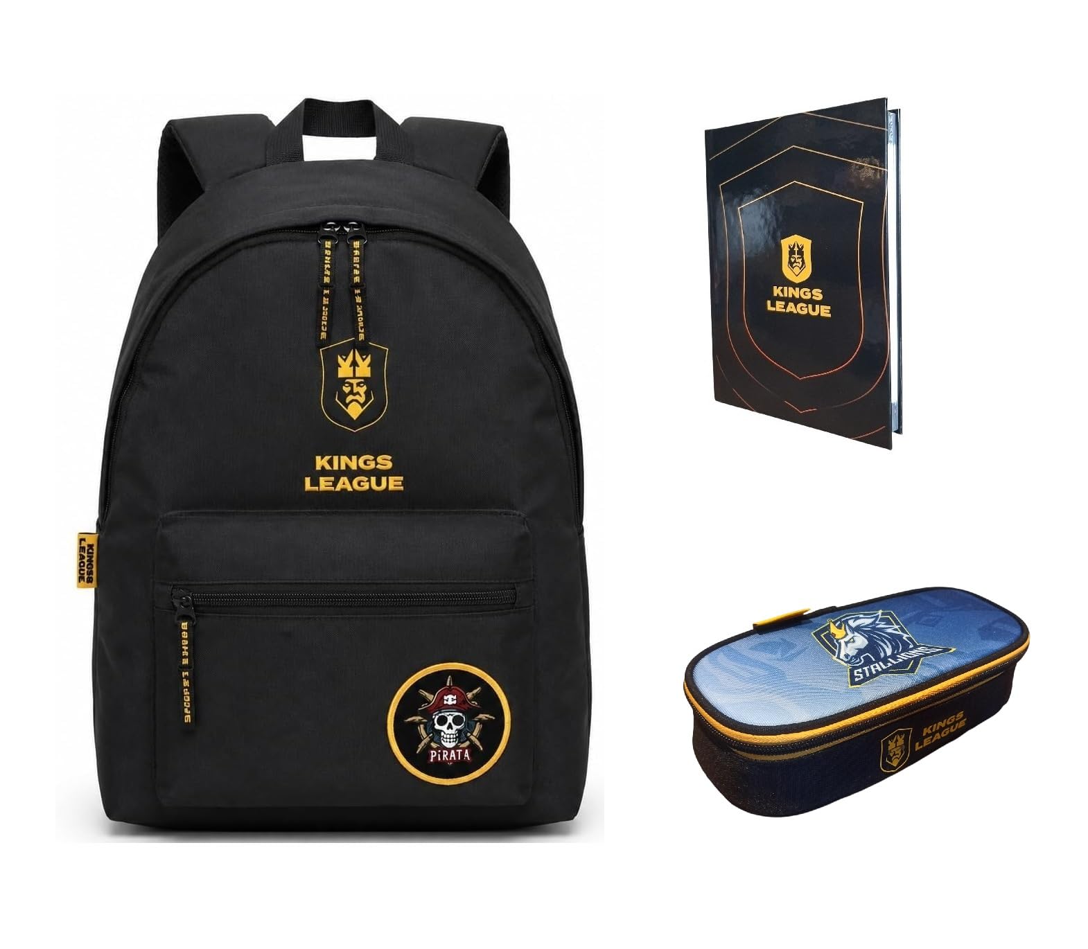 PRESTIGE & DELUXE Zaino Tondo americano - King League Patch Intercambiabile - per la scuola primari Bambini + Astuccio STALLIONS ovale zip + diario + Kit penne e portachiave calcio