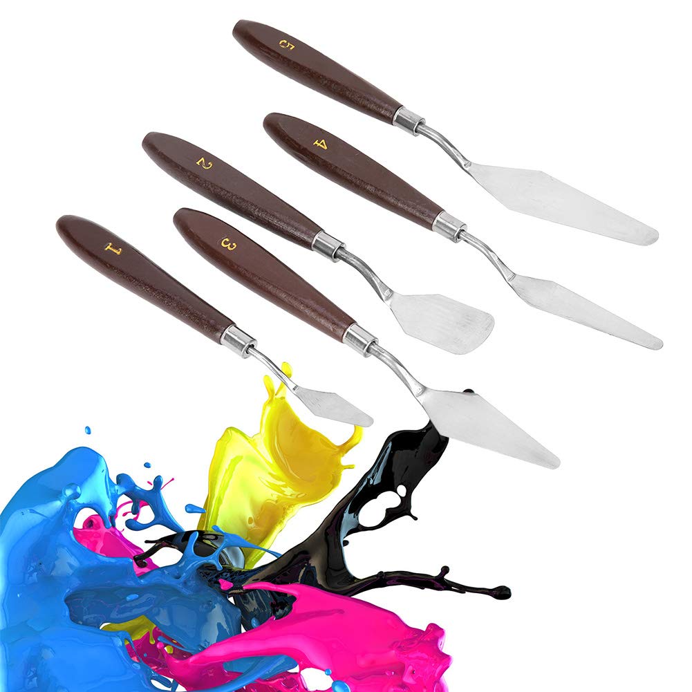 5 Pcs Artist Stainless Steel Palette Knife Set, Wooden Handle Palette Knife Set, Painting Knife Set Paint Spatula for Oil, Canvas, Acrylic Painting