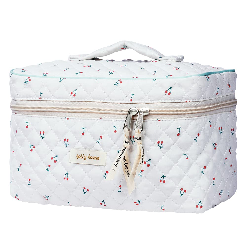 Aucuu Cotton Makeup Bag Large Travel Cosmetic Bag, Coquette Aesthetic Floral Toiletry Bag, Quilted Makeup Organizer, Come with a Drawstring Pocket (
