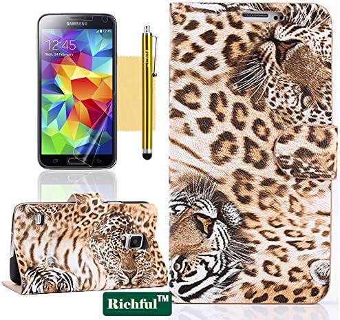 Richful(TM) Leopard Flip Case Cover with Credit Cards Slots Suitable for Samsung Galaxy S5 i9600(Gold),Sent Stylus Pen+Screen Protector+Cleaning Cloth
