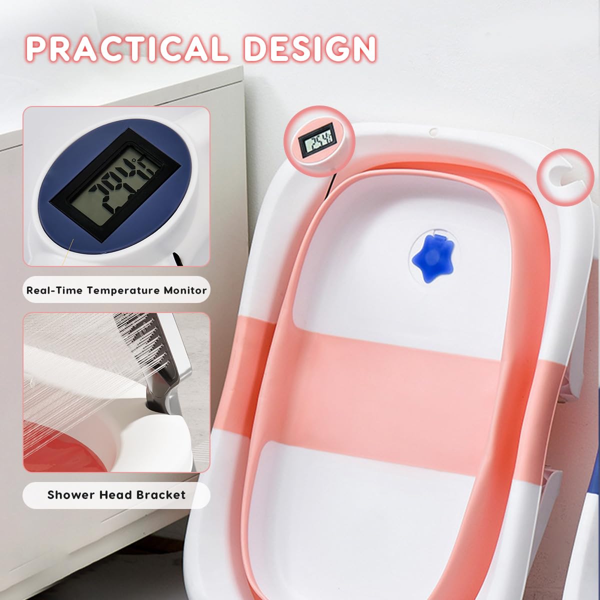 SONARIN Bañera Plegable Bebé con Termómetro & Cojín de Baño,Portátil Viaje Tina para Bebe Bañera de Ducha Reductor Bañera Bebe Antideslizante para Recién Nacidos Niños Pequeños(Rosa)