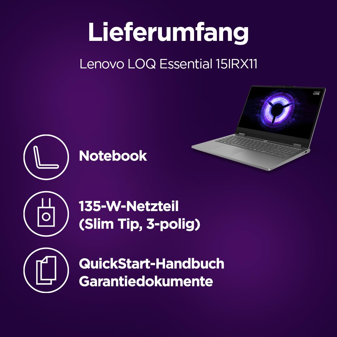 Lenovo LOQ Essential Gaming AI Laptop | 15.6" FHD 144Hz | NVIDIA GeForce RTX 5060 | Intel Core i5-13450HX | 16GB RAM | 1TB SSD | Windows 11 | QWERTZ | Weiss-beleuchtet | Grau | 3 Monate Game Pass