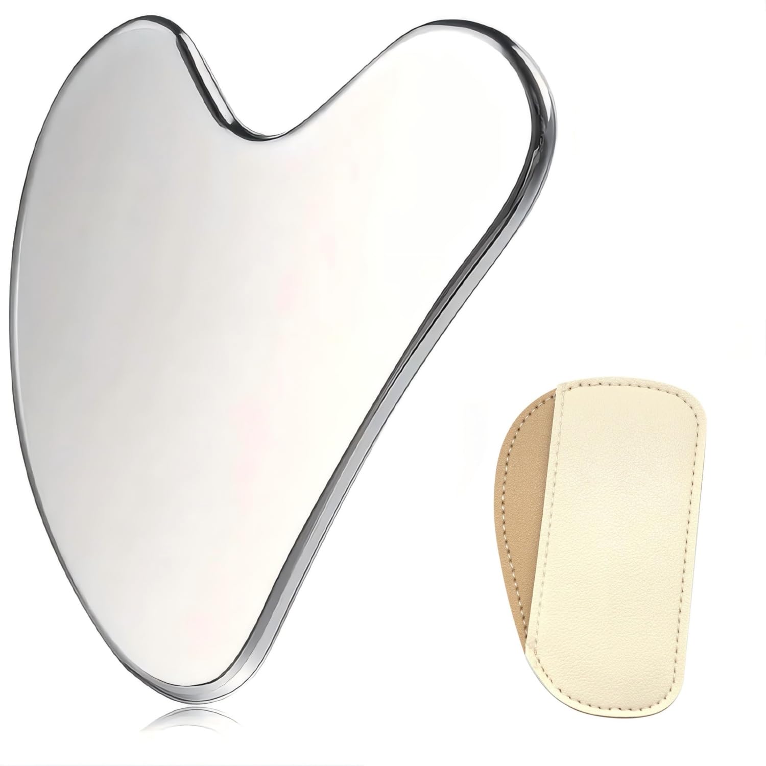 Stainless Steel Gua Sha Facial Tools for Face and Body Massage,SPA, Anti-Aging,Tighten Skin,Muscle Tension and Puffiness Relief,Skin Care Gifts for Women（Scraping Board+Leather Cover）