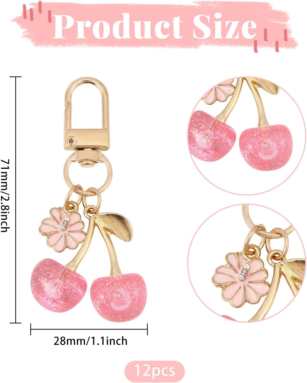FREEBLOSS 12Pcs Cherry Blossom Keychain Charms Adorable Cherry Pendant Keyrings for Handbag Decoration, Earphone Case, Car Keys, and Gift for Women image 2