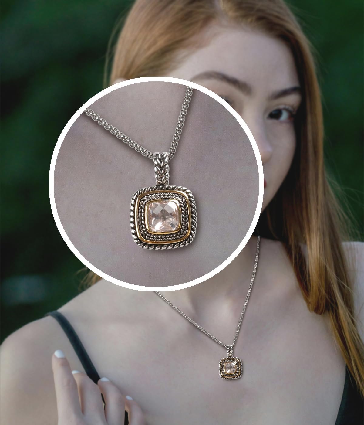 Designer Inspired 7MM CZ Pendant Necklace for Women 18K Gold Plated Two Tone Wheat Cable Necklaces - Image 7