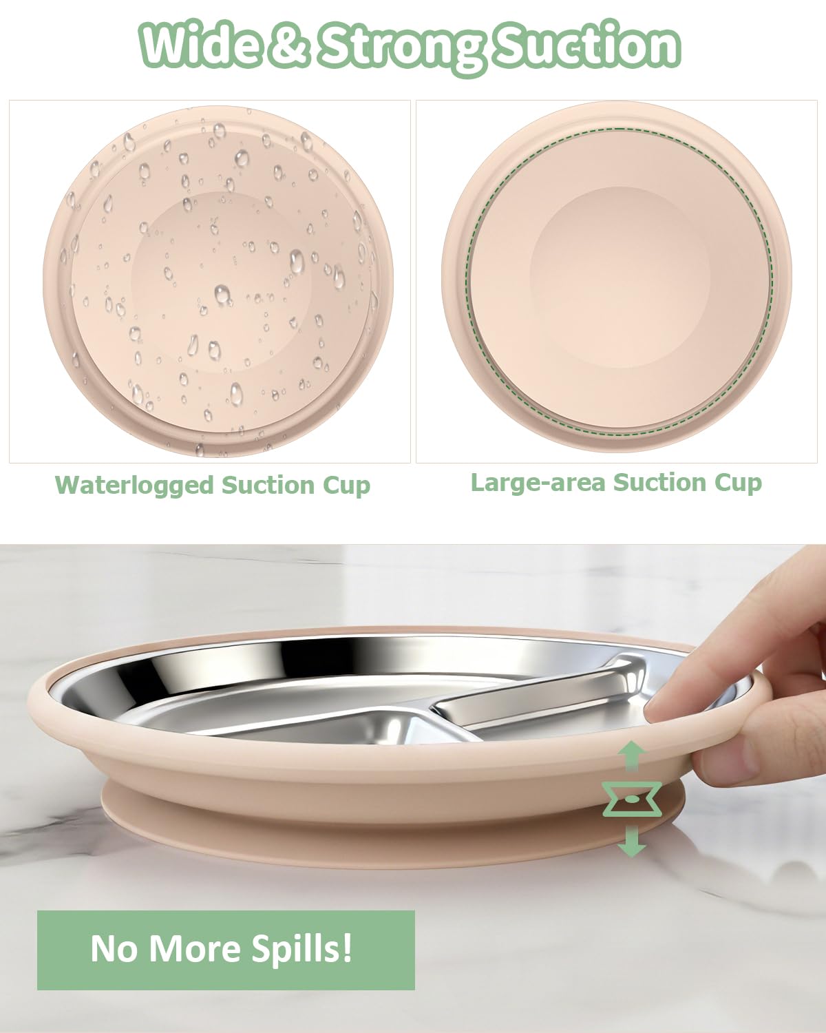 2 piatti per bambini in acciaio inox con grande ventosa, diametro 20 cm, con custodia in silicone rimovibile, lavabili in lavastoviglie, atossici e senza BPA (verde bianco)