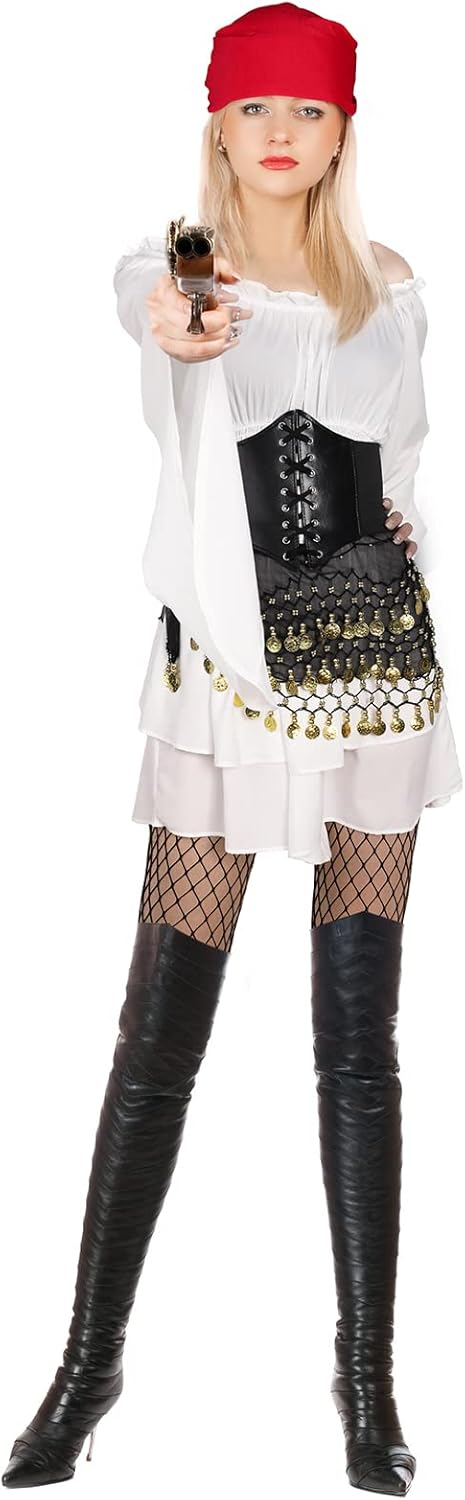 Crowye 5 Pcs Women's Pirate Costume Accessories Off Shoulde Renaissance Dress with Corset Halloween Women Pirate Outfit - Image 4