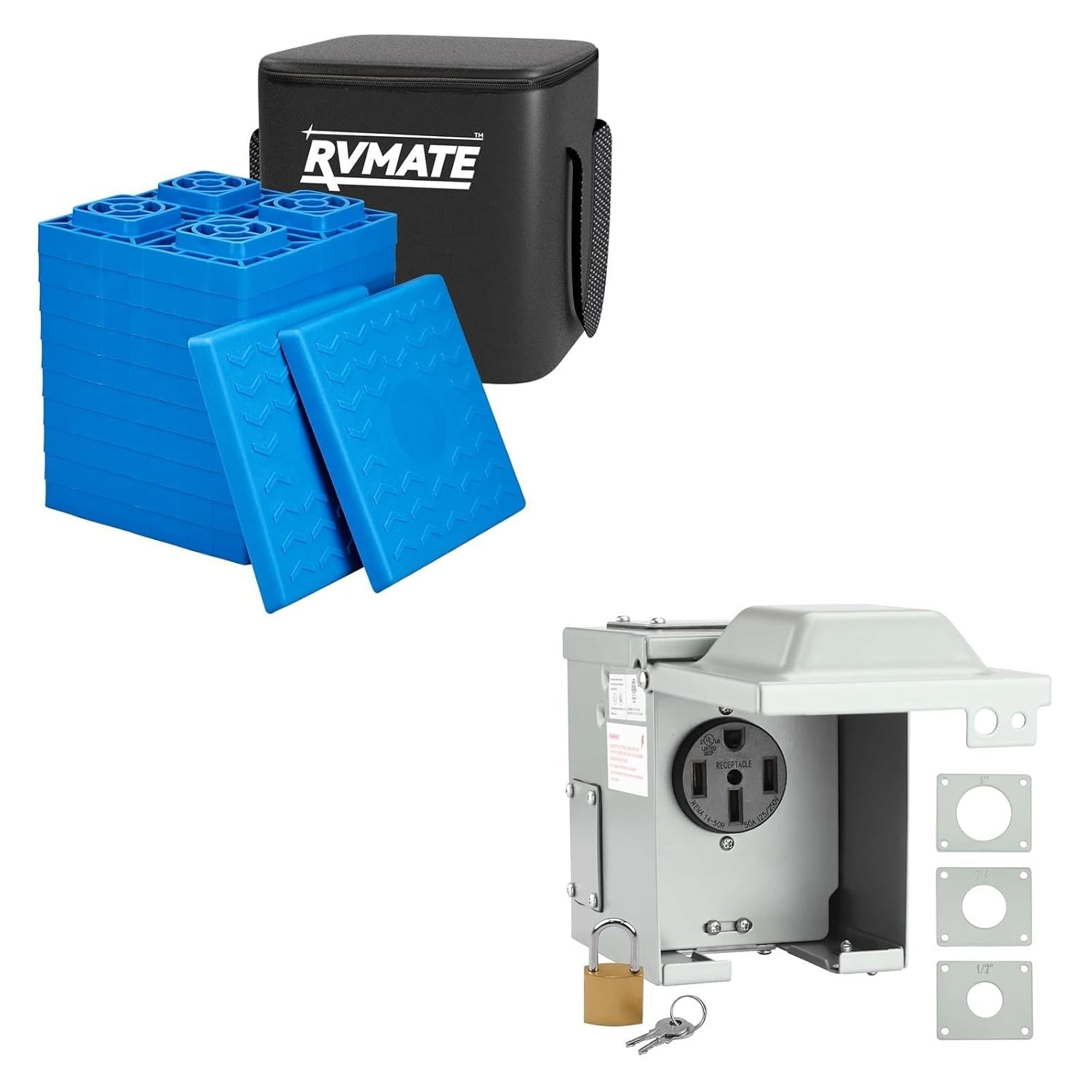 RVMATE RV Leveling Blocks 12 Pack & RV/EV 50 Amp Power Outlet Box