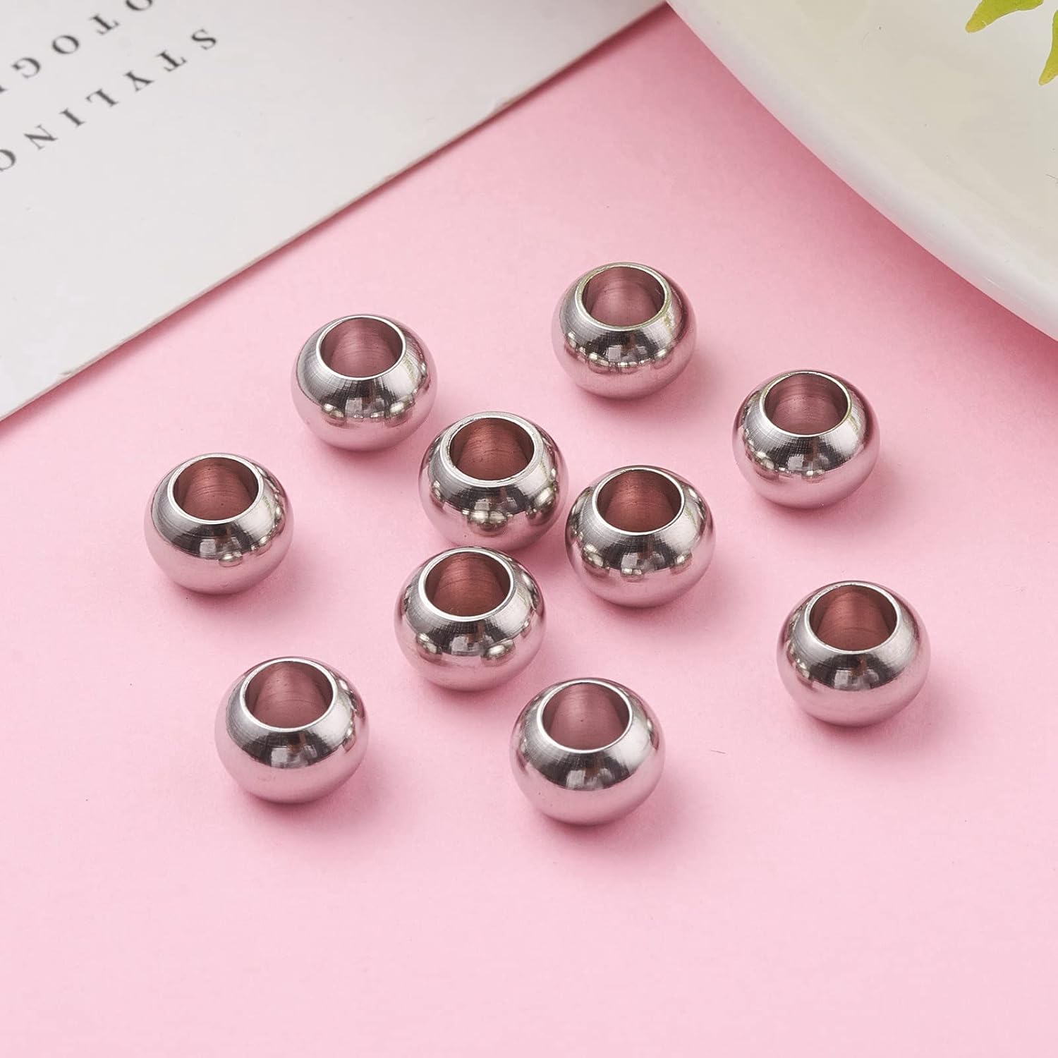 Cheriswelry 200pcs Rondelle 304 Stainless Steel Large Hole Beads 8mm Smooth Metal Loose Spacer Beads 4mm Hole Slide Charms for DIY Earring Bracelet Necklace Craft Jewelry Making Supplies