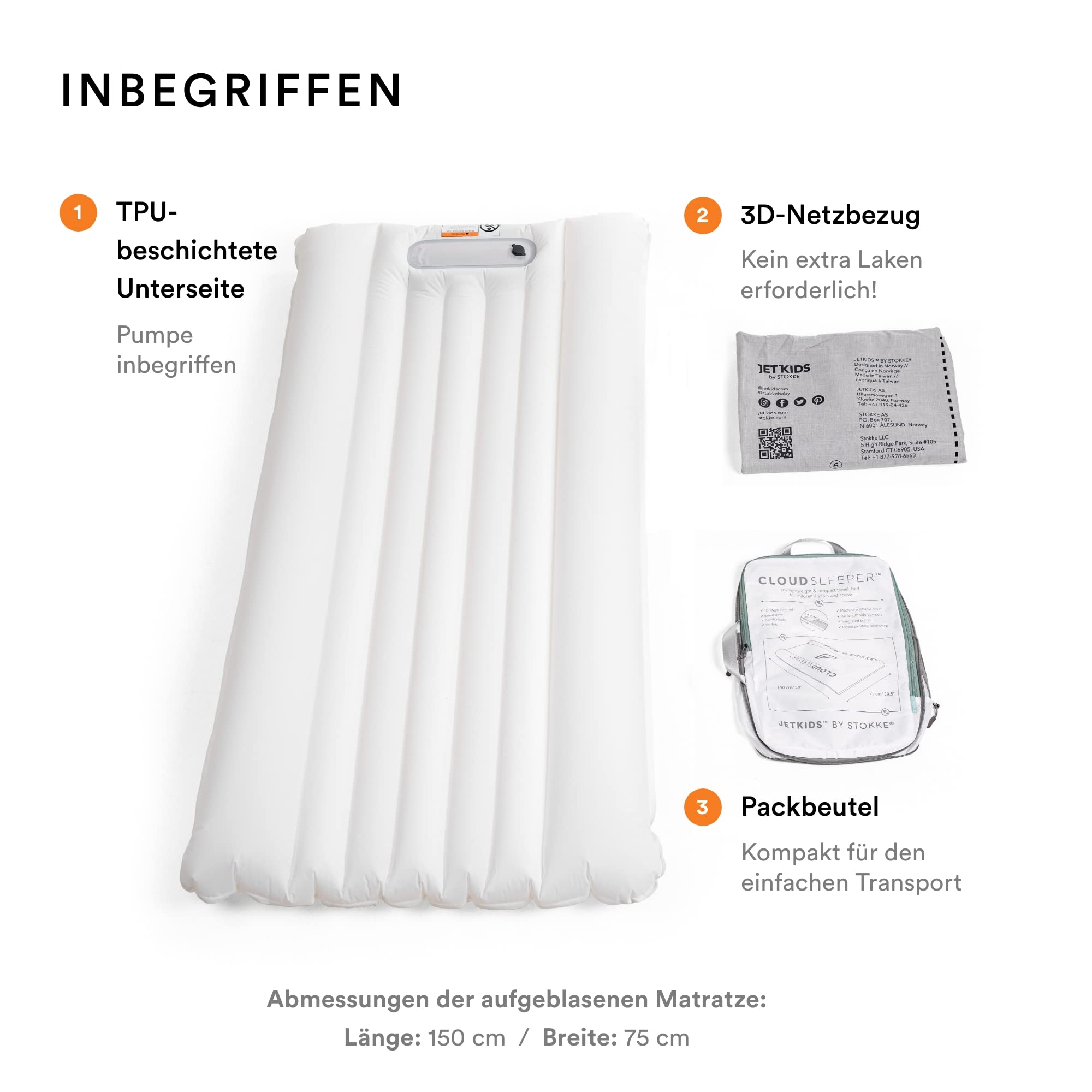Stokke JetKids CloudSleeper Weiß Aufblasbares Kinderreisebett mit integrierter Pumpe und Packbeutel