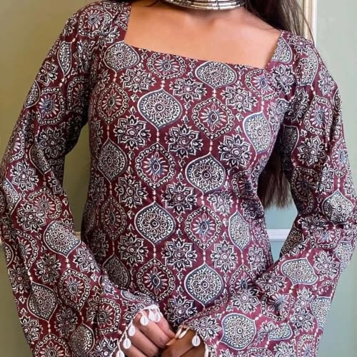 Image of Women's Rayon Printed Short Kurti | Straight Fit Casual Ethnic Top | Square Neck Full Sleeve Ladies Kurti Office College