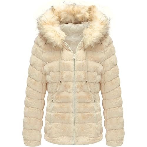 Bellivera Women Double Sided Faux Fur Jacket Spring and Winter Fashion Reversible Hood Puffer Coat with Fur Collar