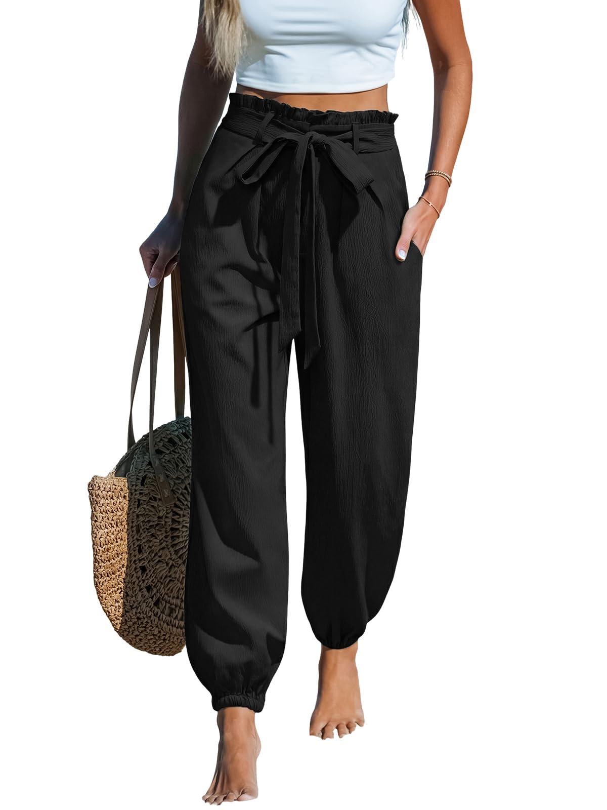 CUPSHE Paperbag Hose Damen lang mit hohem Bund und Bindegürtel