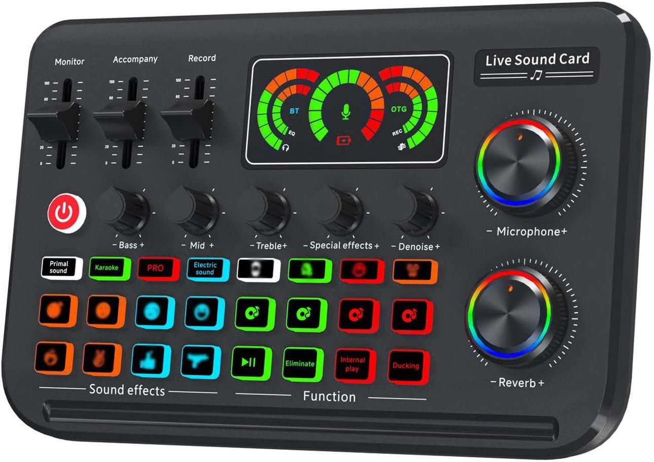 Audio Interface Live Sound Card Audio Recording Desktop Singing Sound Card Mixer BT Wireless Plug and Play Intelligent Noise Reduction Built-in Rechargeable Battery