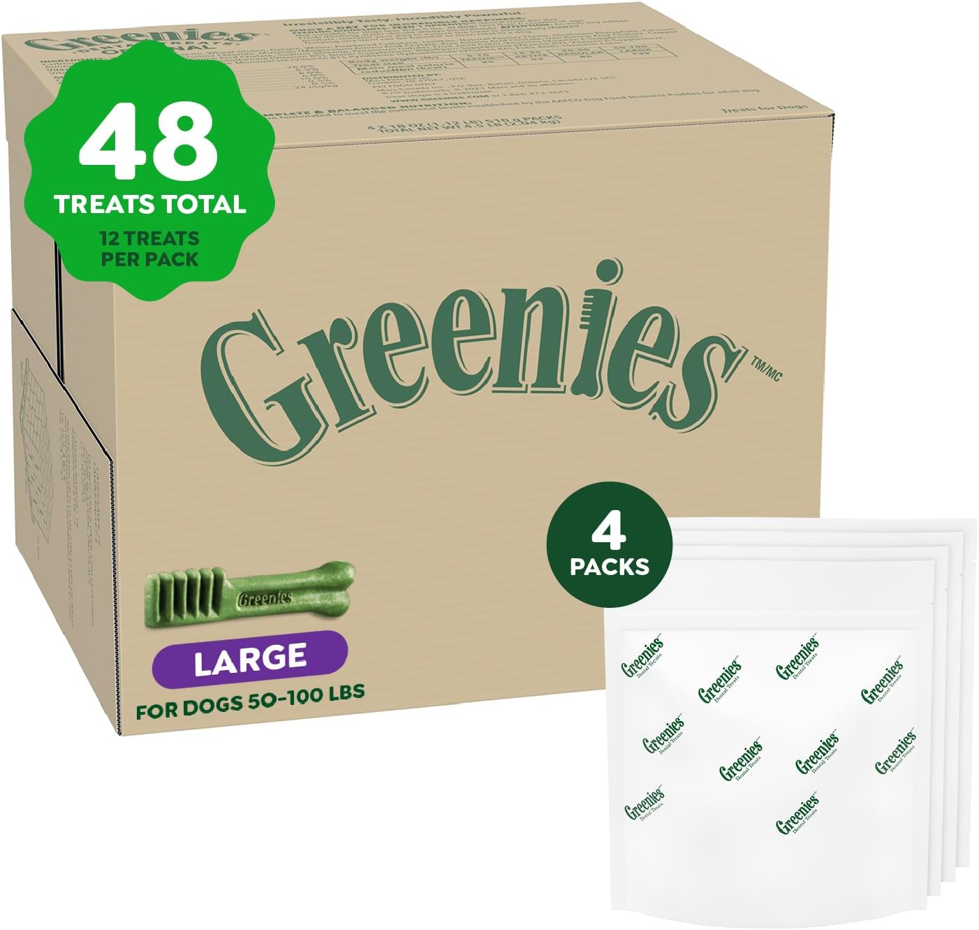 Veterinarian-Recommended Adult Natural Dental Dog Treats Large Size, Original Flavor, (4) 12 ct Packs (48 Treats Total)