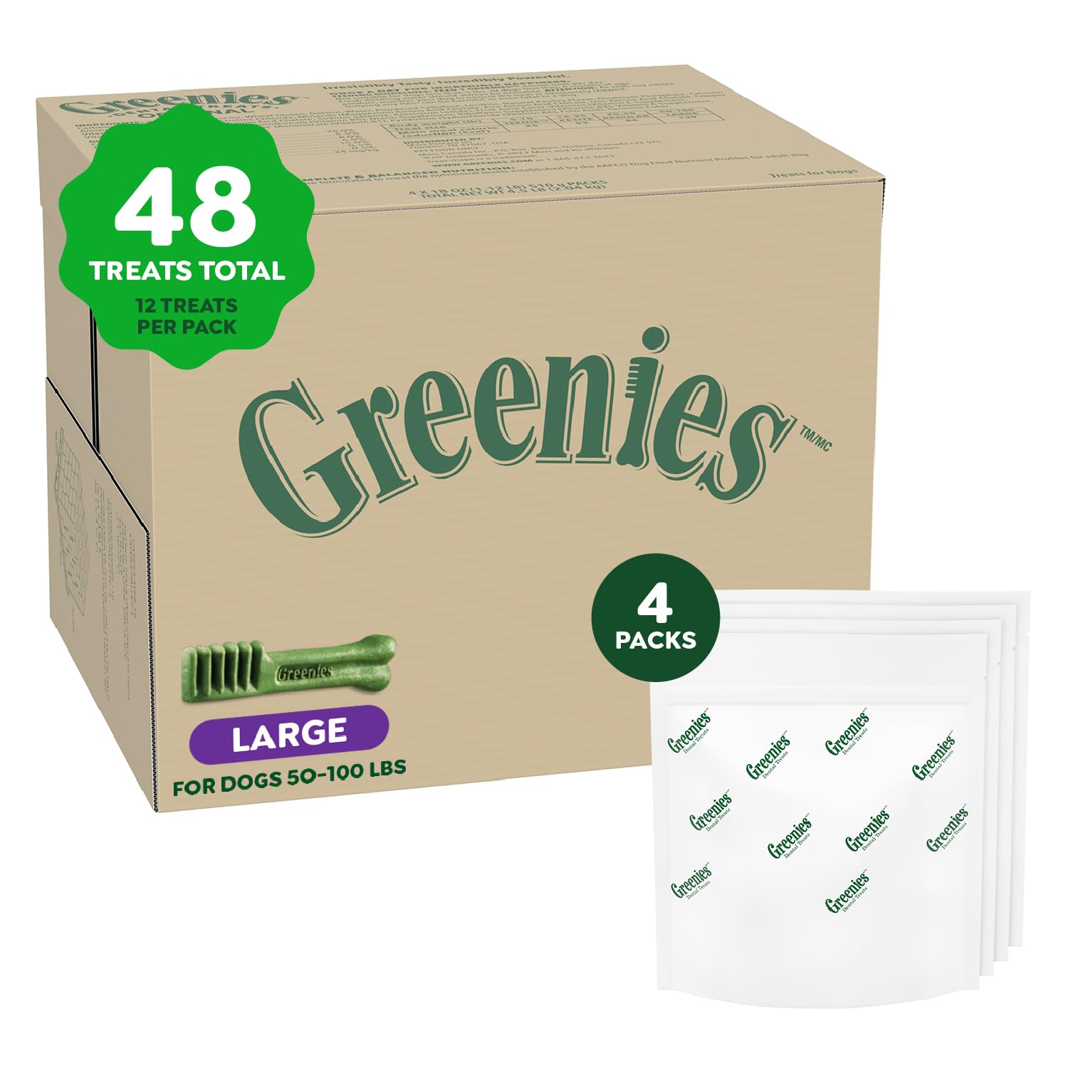 Greenies Dental Dog Treats, Large Size, Original Flavor (72 Ounces 48 Treats) Dog Dental Chews: For Clean Teeth and Healthy Gums