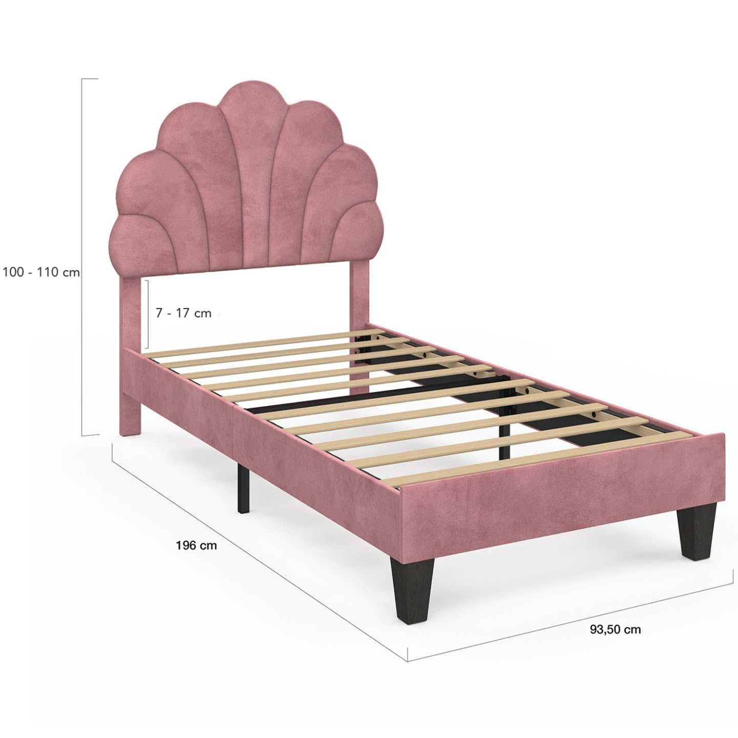 IDMarket - Letto singolo a conchiglia AMANDA 90 x 190 cm con base in velluto rosa cipria