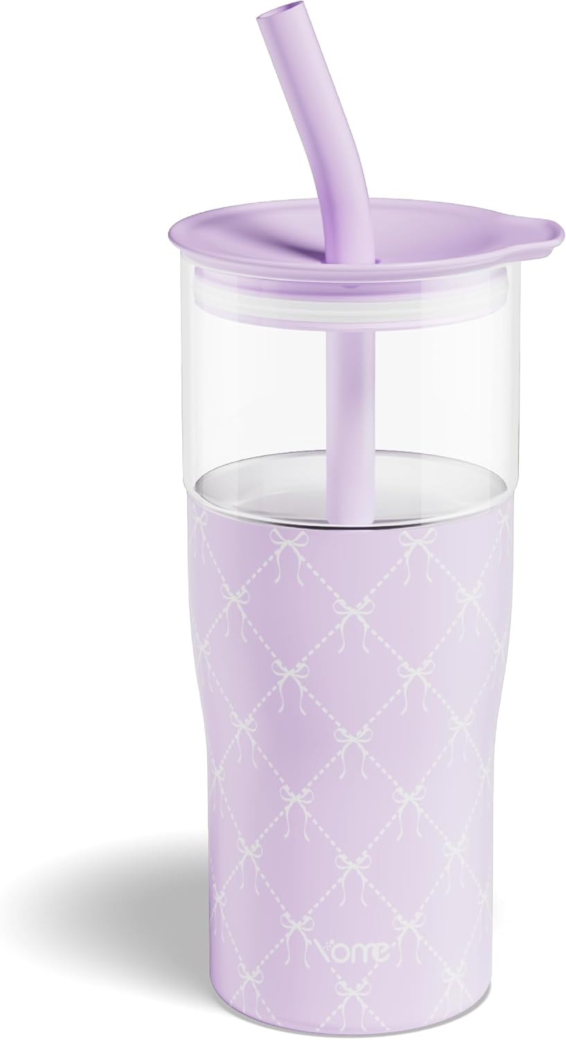 YOME 20oz Elegant Purple Bow Insulated Glass Tumbler with Lid & Straw for Women Gift| Stainless Steel Iced Coffee Cup | Keep Drinks Cold |Cupholder Friendly |Ideal for Iced Coffee, Smoothies & Boba