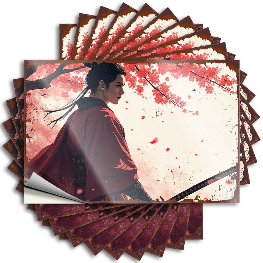 Bumper Camper Accessories for Outside Peel and Stick - Samurai in Red Amidst Falling Cherry Blossoms Wall Cozy Waterproof Vinyl for Exterior(8X12CM)