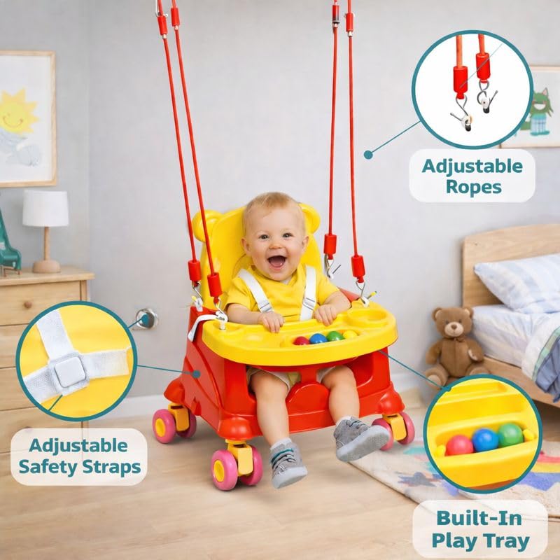 Image of Braintastic Baby Booster Seat Cum Hanging Swing for Kids | 2-in-1 Multipurpose Toddler Feeding Chair with Tray, Rope & Wheels | Safe Plastic Baby Seat (6 Months-3 Years) (Red /Yellow Wheel)