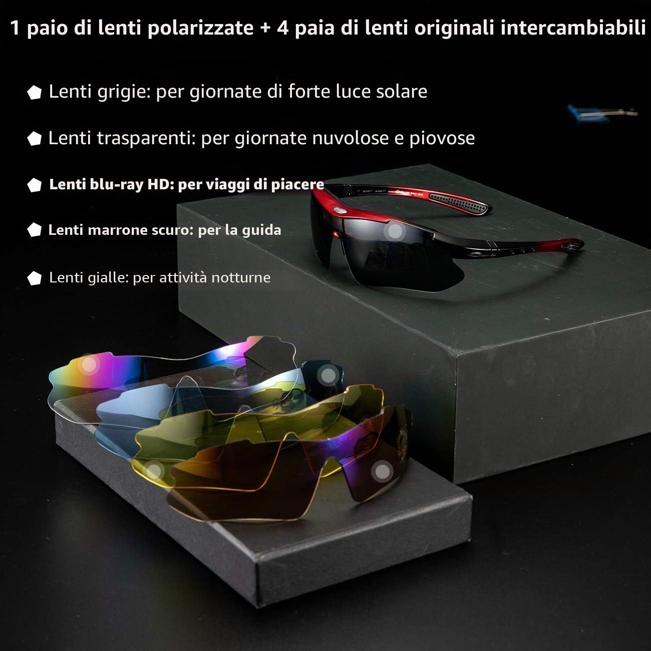 ROCKBROS Occhiali da Sole Ciclismo, Occhiali Sportivi per Bici MTB, 5 in 1 Lenti, Occhiali Bici PolarizzatI, Protezione UV400, Uomo Donna, per Corsa Pesca Guida