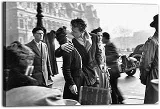 Robert Doisneau The Kiss by The Hotel De Ville Vintage Paris Wall Art Canvas Poster Prints Painting Modern Living Room Wall Decor Bedroom Aesthetic Decorations 16x24inch(40x60cm) Frame-style