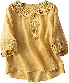 Camisas de lino para mujer, verano 2025, retro, bordado, manga 3/4, estilo bohemio, blusas elegantes y casuales, blusas sueltas para profesores